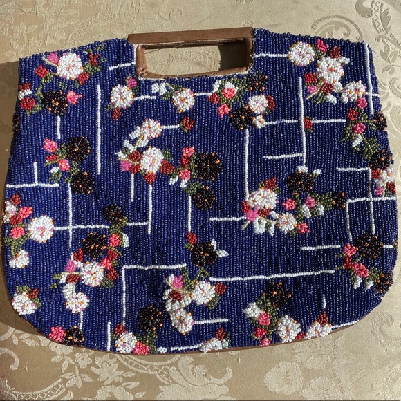 Anthropologie Handbags - Anthropologie Navy Beaded Floral Handbag